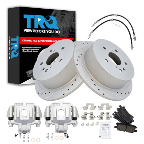 Image of TRQ Performance Rear Brake Pad and Rotor Set Ceramic Slotted Drilled Coated Calipers Compatible with 2004-2007 Toyota Highlander with All Wheel Drive