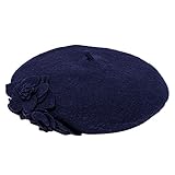 San Diego Hat Company Women's Wool Beret Hat with Self Flowers, Navy, One Size