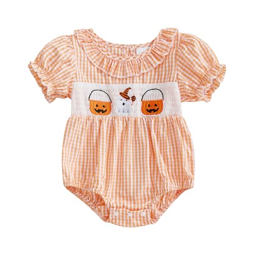 Infant Baby Girl Summer Outfits Pumpkin Plaid Ruffle Short Sleeve Romper Smocked Bodysuit Halloween Clothes