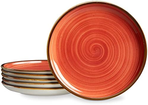 ONEMORE Ceramic Plates Set of 6, 8.5 inch Small Dinner Plates for Appetizer, Salad and Dessert. Oven, Microwave and Dishwasher Safe Plate. Rustic Kitchen Porcelain Dish - Red