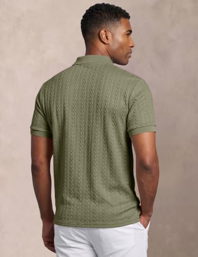 Image of JMIERR Men's Cable Knit Polo Shirts Elasticity Short Sleeve | Men's cable knit polo shirt with elasticity, machine wash, short sleeve, breathable textured knit for spring summer