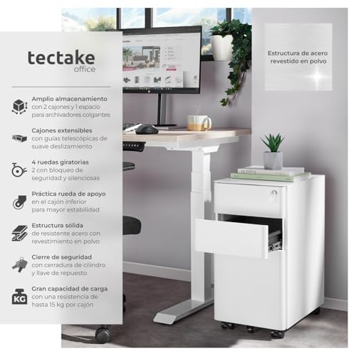 Miniatura 4 de Tectake Archivador Rodante De Acero, Cajonera Escritorio Con Ruedas, Dos Cajones Din-A4, Archivador Colgante, Cerradura, Rieles Telescópicos, Oficina, Muebles, Cajonera Oficina - 59,5x50x30cm Blanco