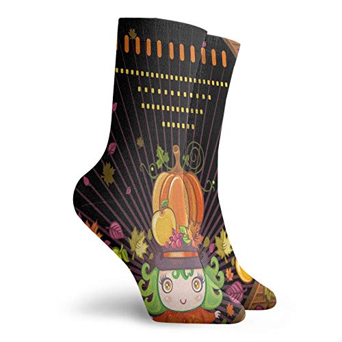 Fashion Compression Socks,Mystical Cartoon Girl With Fruit Hat And Autumn Leafage On Wooden Frame,Performance Polyester Cushioned Athletic Crew Socks for Running,Athletic, -12 inch2