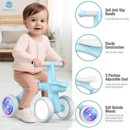 Image of Umatoll Colorful Lighting Baby Balance Bike Toys for 1 Year Old Boys Gifts, Adjustable Seat Baby Walker, One Year Old Boy Birthday Gifts, 12-24 Months Toddler First Ride on Toys