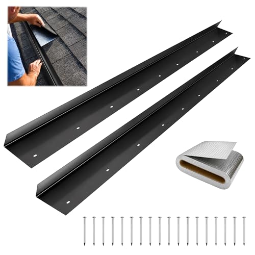 4.7FT 2-Pack rain diverter for roof, Black 304 Stainless Steel Roof Water Diverter Kit with Crowbar+Tape+Nails–for Chimney/Skylight/Door Leak Protection, Works as Roof Valley & Gutter Rain Diverter