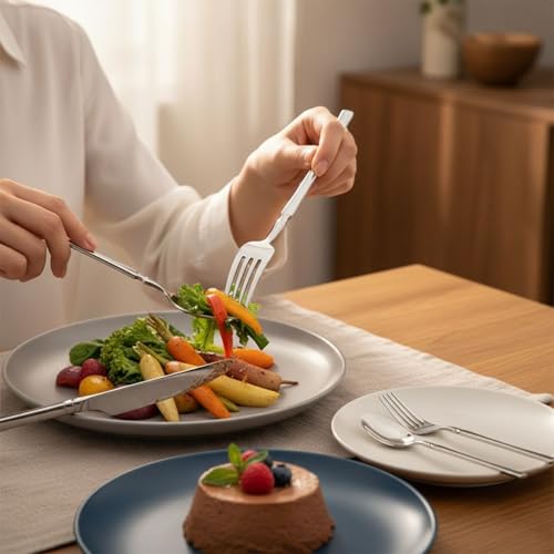 Image of 12 Pcs Silver Slim Handle Stainless Steel Cutlery Set for Dining Table with Spoons and Forks Set + Butterknives - The Perfect Tableware /Flatware