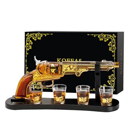 Luxury Gun Whiskey Decanter Set with 4 Glasses Unique Non-Alcoholic Gun Decanter for Bourbon Scotch Rum Liquor Cool Home Bar Decor & Gift for Men Whiskey Enthusiasts Gun Collectors.