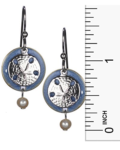 Textured Sand Dollar Layered Over Blue Circular Disc Dangling Earrings By Silver Forest #TOP2