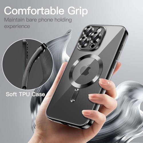 Image of VONZEE Electroplating Transparent Clear Logo Back Cover TPU Compatible with iPhone 16 Pro Case, Compatible with Magsafe, Full Body & Individual Camera Protection for Each Lens for Men & Women (Black)
