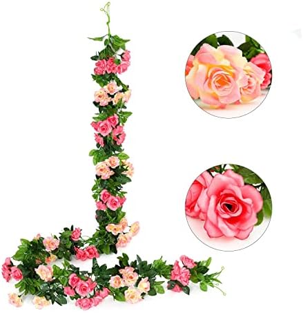 JUSTOYOU 2pcs 7.8FT Double Color Artificial Fake Rose Garland Vines Hanging Silk Flowers Artificial Flower for Outdoor Indoor Wedding Wall Badroom DecorationMagenta