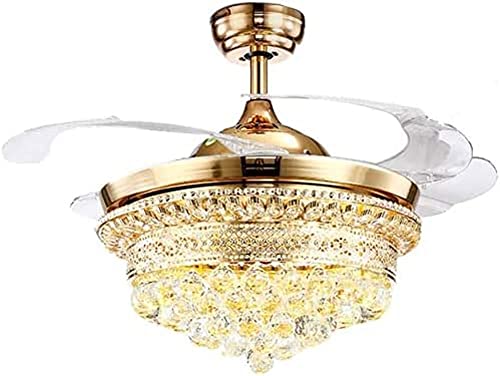 LVSEWOA Ventilador de Techo Invisible de Cristal de 42 Pulgadas - Lámpara LED Moderna para Interiores, 4 aspas retráctiles, 3 velocidades, 3 Colores y Control Remoto, 36 W (Dorado)