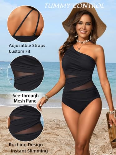 Image of Aqua Eve Women Mesh One Piece Swimsuit - Tummy Control One Shoulder Bathing Suit Cut Out Swimwear 2026