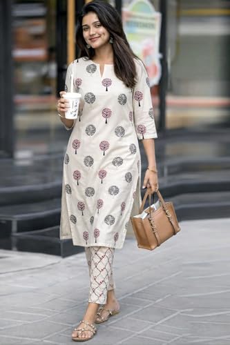 Image of GoSriKi Co-ord Set Women Viscose Printed | Kurti Set Woman | Kurta Pant 2 Piece Outfit | Round Neck V Slit 3 /4 Sleeve Regular Fit Ethnic Wear Ladies Dress Stylish Traditional Clothing