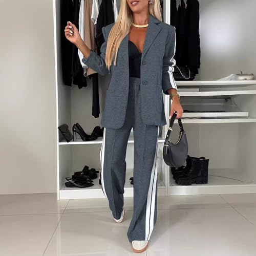 Nbzsmlkn 2 Piece Casual Set with Blazer and Joggers for Women,Women's Lapel Long Sleeve Casual Suit,Oversized Jacket Wide Leg Pants Suits Notch Lapel Loose Fit Sets (Dark Gray,L) - Image 3