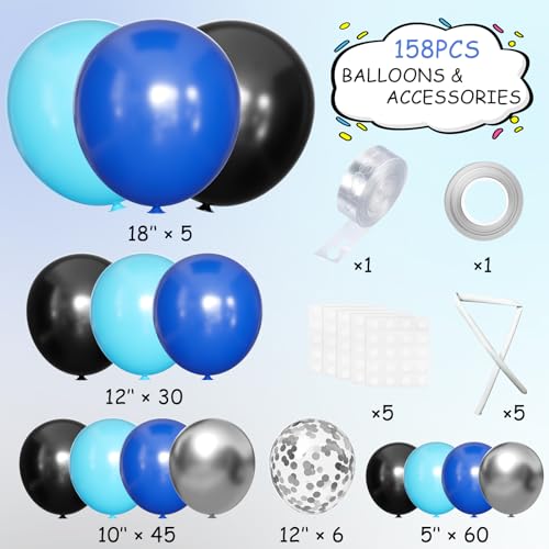 Image of MEBAY Blue Silver Black Balloons Garland Arch Kit, 146 Pcs Royal Light Blue Metallic Confetti Silver Balloons for Baby Shower Graduation Anniversary Retirement Birthday Party Decoration
