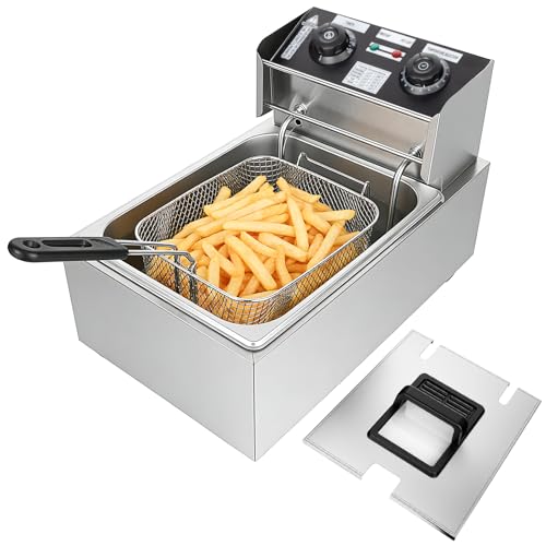 6 Litre Deep Fryer with Basket, Effortless Clean Stainless Steel Electric Fryer, Adjustable Temperature 60–200°C, Viewing Window Lid, 2000W Rapid Heating Fryer for Chips, Chicken and Seafood