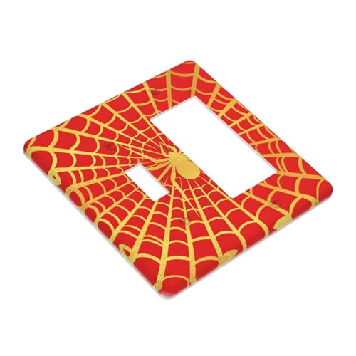 Decorative Outlet Covers Red Background with Golden Spiderweb Spider 2 Gang Outlet Cover Wall Plate Single Toggle Rocker Light Switch Cover Plate Switch Plate Covers for Home Decor