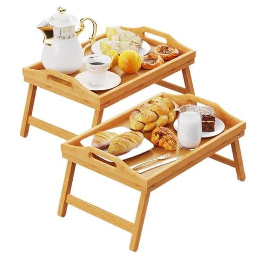 Easoger 2 Pack Bed Trays for Eating, Breakfast Tray with Handles, Bamboo Bed Tray Table with Folding Legs, Food Trays Fits for Adult Kids Eating Snack and Laptops TV