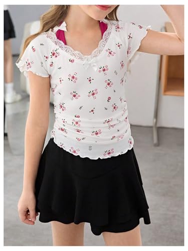 OYOANGLE Girl's Cute Ditsy Floral Short Sleeve Ribbed Knit T Shirt Tie Back Halter Ruched Tee Top2