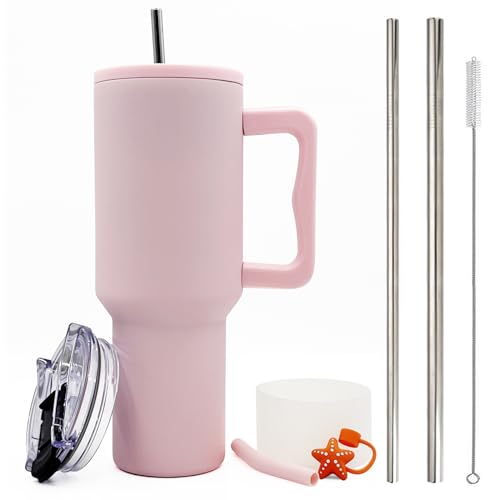 FloweryOcean Gobelet à café à emporter - 1200 ml - Anti-fuite - Double paroi en acier inoxydable - Avec poignée et paille - Gobelet pour boissons chaudes et froides - Rose 05