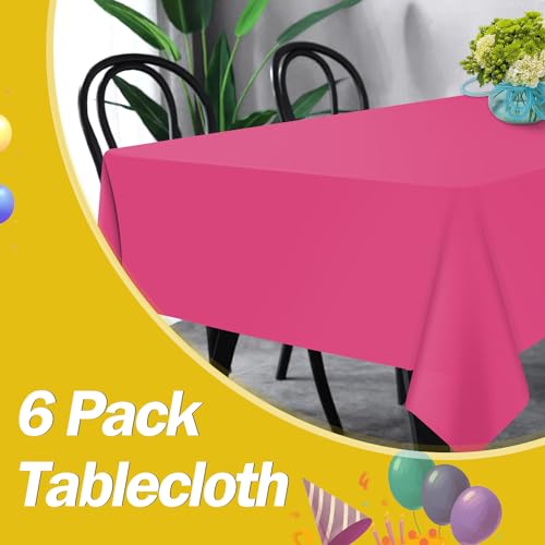 Image of tujol Hot Pink 6 Pack Plastic Table Cloth 54 inch x 108 inch, Disposable Tablecloths Rectangle Table Cover, Plastic Tablecloths for Parties