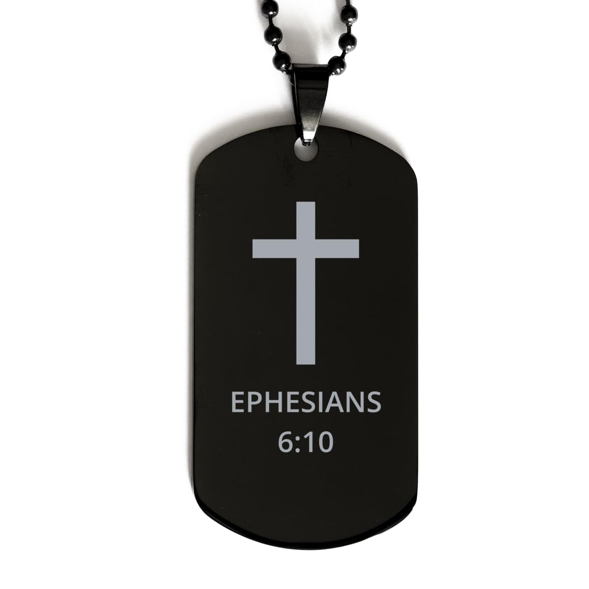 DARIN GIFT Bible Verse Black Dog Tag, Ephesians 6:10 Motivational Inspirational Gifts Cross Faith Engraved Stainless Steel Chain Necklace For Men Women