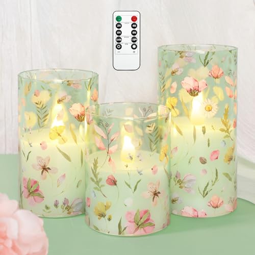 Image of Flameless Candles with Remote Timer, Glass Battery Operated LED Candles, Green Floral Design, Cylindrical Shape, Set of 3 for Home Party Wedding Decor