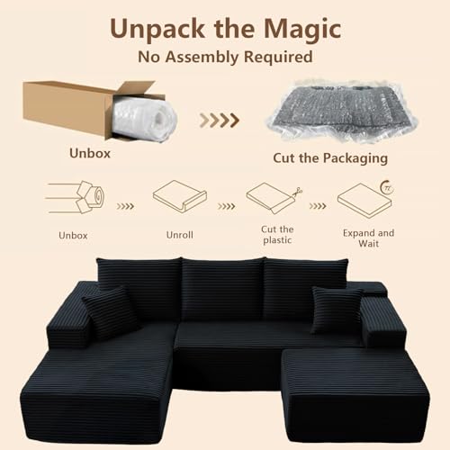 Image of 107 inch Modular Sectional Sofa with Ottoman, Modern Corduroy Cloud Couch with Deep Seat, Boneless Couch Upholstered 3-Seater U-Shaped Sofa for Living Room, No Assembly (Black, Left-Facing Chaise)