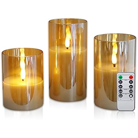 CCLIFE LED Candles Set of 3 with Remote Control Timer Function 300 Hours Flickering Paraffin Real Wax Candle flameless Battery Operated LED Candles with Glass Cup Cover