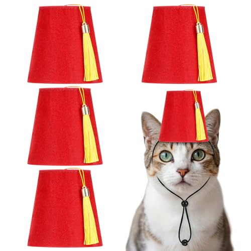 Locmeo 4 Pcs Pet Fez Hat Red Turkish Style Hat with Golden Tassel for Cats and Dogs Adjustable Elastic Band