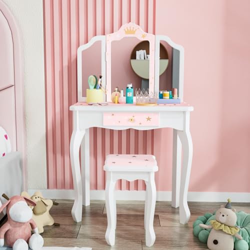JOYMOR Kids Princess Vanity Table and Chair Set, Kids Vanity Set with Mirror, Makeup...