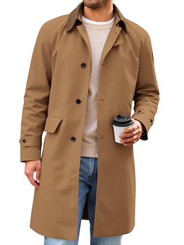 Image of Runcati Mens Trench Coat Single Breasted Corduroy Lapel Long Jacket Fall Casual Vintage Windbreaker Overcoat