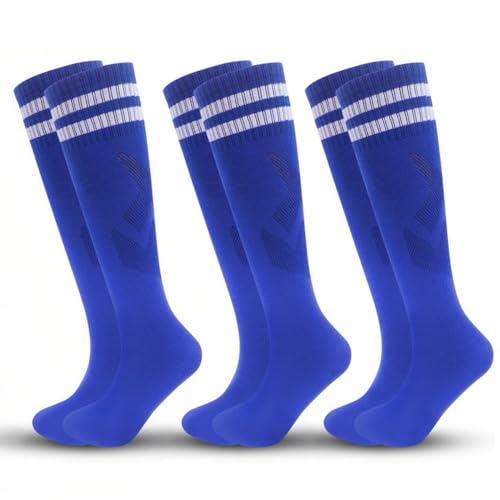 ZXOLDZX 3 Pairs Kids Soccer Socks Striped Knee High Tube Socks Football Uniform Sports Socks for Boys Girls 6-14 Years Old (US Alpha One Size Regular 3pairs-blue)