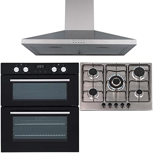 SIA 60cm Black Double True Fan Electric Oven, 70cm Gas Hob & Chimney Cooker Hood