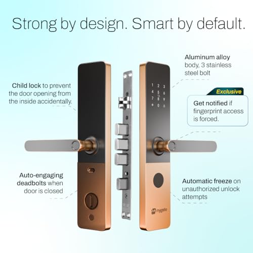 Image of Mygate Smart Door Lock Plus (2026 Model) with 6-Way Unlock | Fingerprint, PIN, Mobile App, RFID Card, Manual Keys | Remote Unlocking via OTP | for Main Wooden Doors |3-Year Warranty by Mygate (Copper)