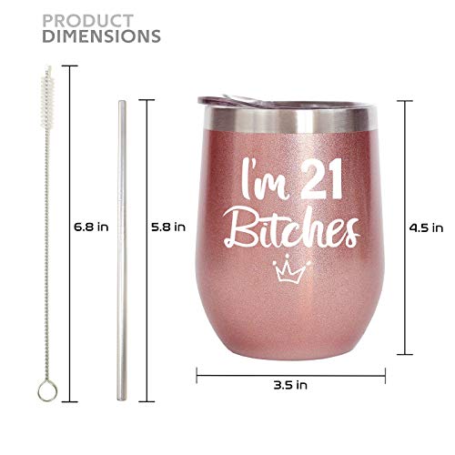 21St Birthday Gifts For Women 12Oz Wine Tumbler With Lid | Funny 21 Year Old Birthday Gift For Her | Birthday Decoration Ideas | Finally 21 Shot Glass | Rose Gold Cup With Tiara Print #TOP1