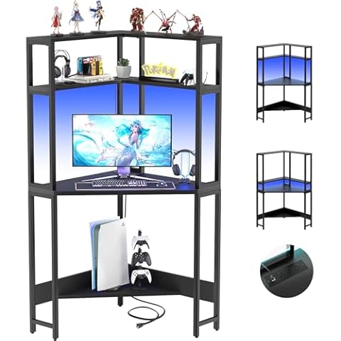 Cyclysio Mini Corner Desk with Hutch, Corner Gaming Desk with LED Light, Corner Computer Desk with Power Outlets, Triangle Corner Desk for Small Space, Home Office, Workstation, Black Cover