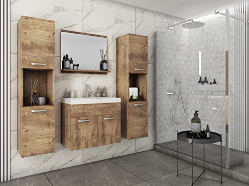 MINIO go for it - 4-Teilig Badmöbel Set Monal 1 I 2X Hängeschrank I Spiegel mit Regal I Schrank mit Waschbecken I Laminierte Spannplatte I Griffe und Beschläge aus Metall I Kastanien Breslau