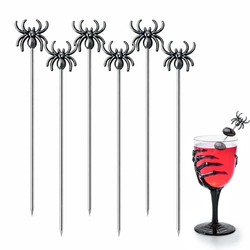 Sipoyen Cocktail Picks Stainless Steel Reusable Martini Picks with Spider Top, 4.7" Olive Skewers for Martinis, Metal Cocktail Garnish Sticks for Drinks, Appetizers, Bar Party Set of 6