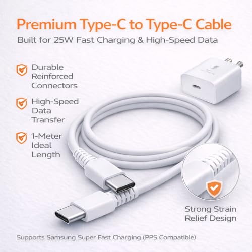 Image of 25W Charger for Samsung with Type C Cable | Super Fast Charging for Galaxy S26 /S25 Ultra, S24 FE, A56 /A36, M15 5G /M17 /M55, F15 /F55 /Z Fold & S /A /M /F /Z Series - BIS Certified
