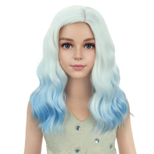 Image of PATTNIUM Girls White Ombre Blue Short Curly Wavy Wigs Side Part Shoulder Length Heat Resistant Synthetic Wig Halloween Cosplay Costume Party Wigs