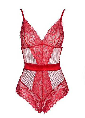 Garmol Women Lingerie One Piece Fishnet Teddy Lace Cups Bodysuit Mesh Babydoll (XXX-Large, red)