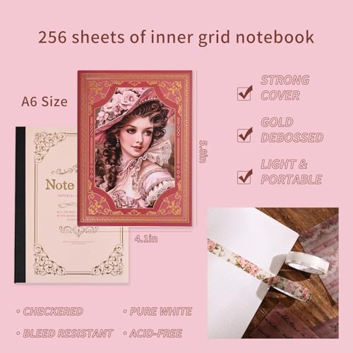 Image of ATIRAMANIYA Vintage Aesthetic Scrapbook Kit(346Pcs) Scrapbooking Supplies Kit with Bullet Junk Journal,Stationery,A6 Grid Notebook Journaling Gift for Girl (Retro Queen Pink)