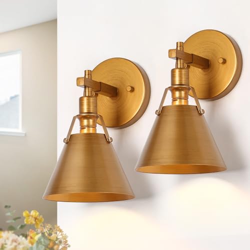 Image of Gold Wall Sconce 2 Pack, Modern Antique Wall Mounted Light Fixture for Bedroom, Bathroom, Living Room, and Hallway, Vintage Brass Finish