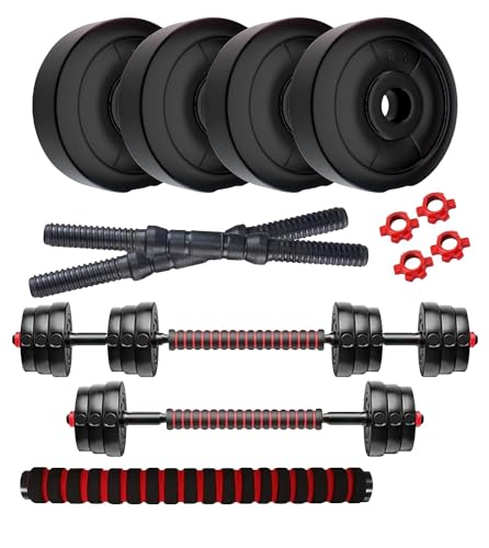 Image of Amazon Brand - Symactive 3-in-1 Convertible Dumbbell Set | 1 Kg x 4 PVC Weight Plates | 14'' Dumbbell Rods Pair & Nuts | 1 Cushioned Connector Rod | PVC | Black