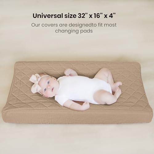 Image of Konssy Waterproof Muslin Changing Pad Cover 2 Pack, Quilted Cotton Fitted Diaper Chang Table Cover, Soft Changing Pad Sheets for Girls Boys (Camel,Sun)