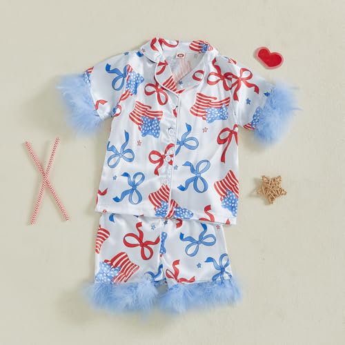 Kuriozud Toddler Girl Pajamas 4th Of July Baby Silk Satin Nightgown Girls Fourth Of July Pjs Button Down 2Pcs Pajamas Set3