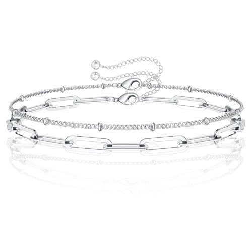 JEYORZY 2 Piezas Pulseras de Cadena Para Mujer, Acero Inoxidable Apilables Chapadas, Plata, Twist Set Ajustable, Joyas Para Mujer y Niñas