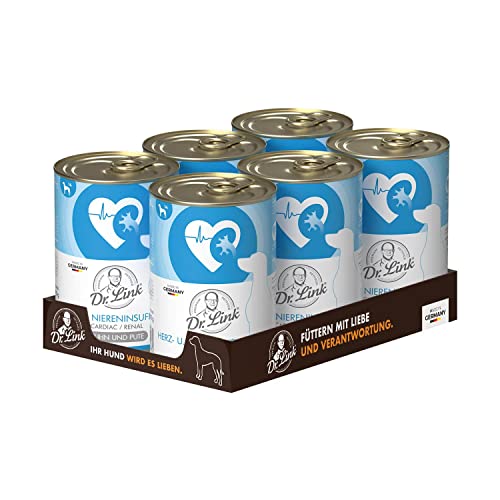 Dr. Link Spezial-Diät Hundefutter für Hunde, Herz & Nieren – Premium Alleinfuttermittel mit Huhn & Pute, Unterstützung der Herz- & Nierenfunktion, Omega-3, hochwertige Proteine – 6x400g Dose