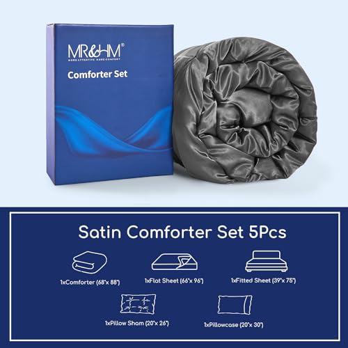 MR&HM Satin Comforter Twin 5 Pieces - Luxurious Pinch Pleat Bedding Set with Comforter, Flat Sheet, Fitted Sheet, Pillowcase & Sham, Super Silky Soft Bed Set for All Season (Twin, Dark Grey)